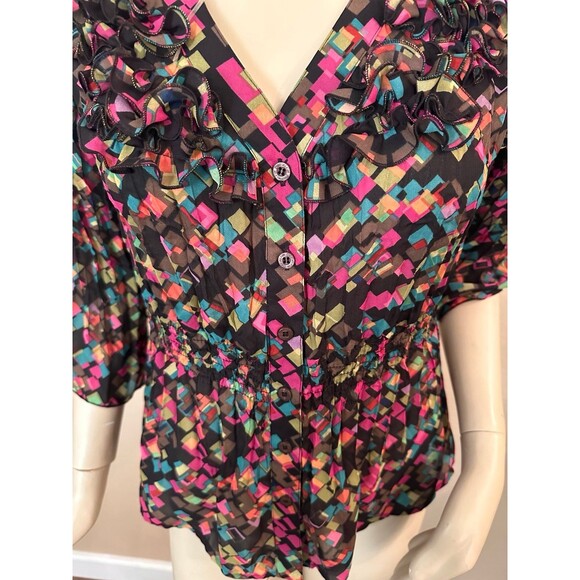 NY Collection Blouse geometric abstract colorful ruffle‎ button mature Macys M - Picture 4 of 9